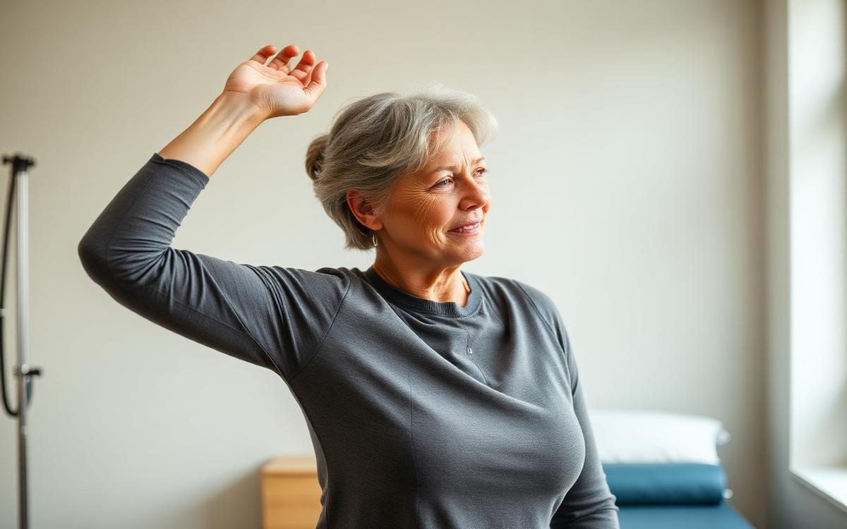 Paciente com limitação de movimento do ombro em fisioterapia